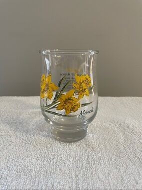 Vintage March Daffodil Birthday Glass, Curved w Pedestal, Transfer, Poem